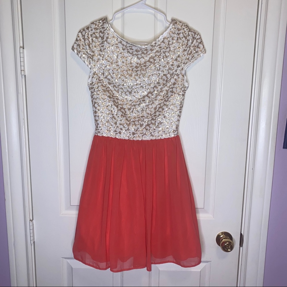 B. Darlin Gold & Coral Party Dress